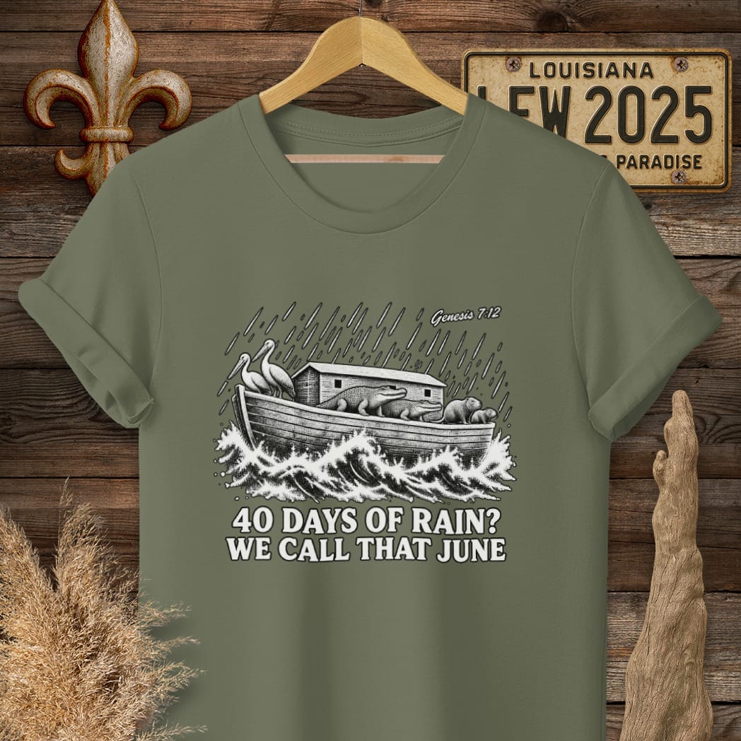 S / Military Green Louisiana Forty Days of Rain T-Shirt by Laissez Faire Wear