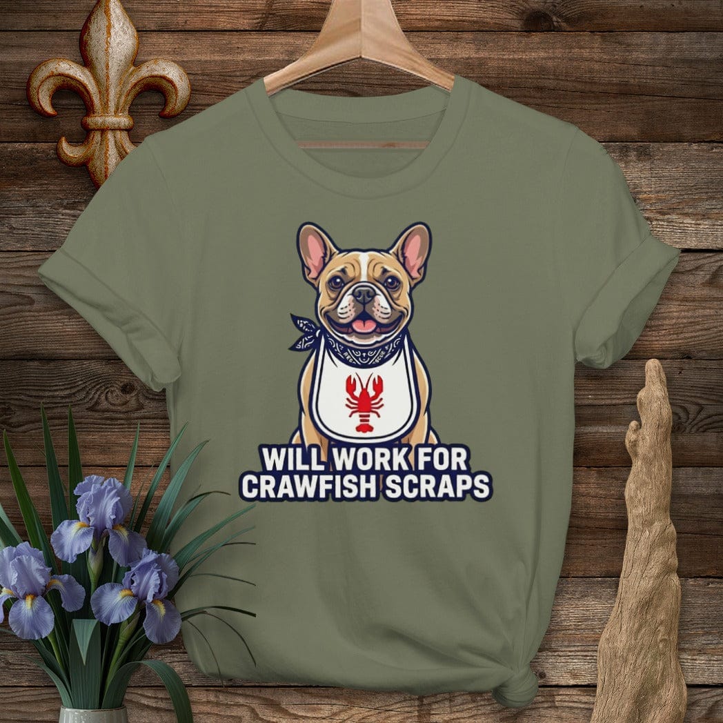 S / Military Green Louisiana Frenchie Crawfish Scraps T-Shirt by Laissez Faire Wear