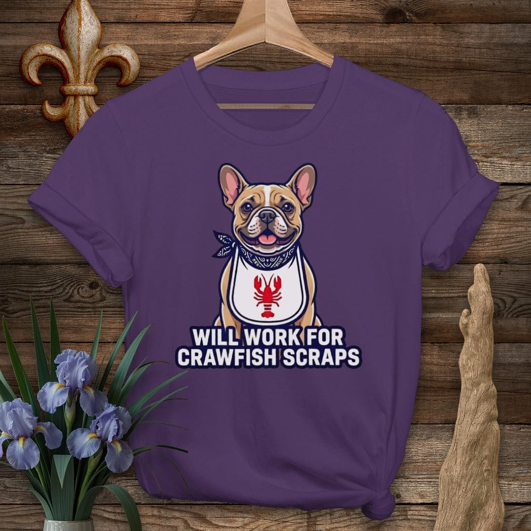S / Purple Louisiana Frenchie Crawfish Scraps T-Shirt by Laissez Faire Wear
