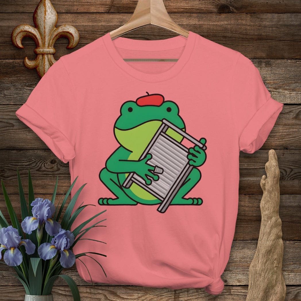 S / Coral Silk Louisiana Frog Playing Frottoir T-Shirt by Laissez Faire Wear