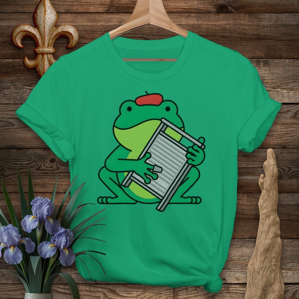 S / Kelly Green Louisiana Frog Playing Frottoir T-Shirt by Laissez Faire Wear