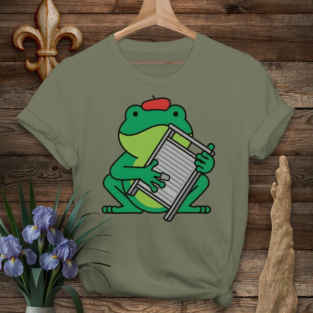 S / Military Green Louisiana Frog Playing Frottoir T-Shirt by Laissez Faire Wear