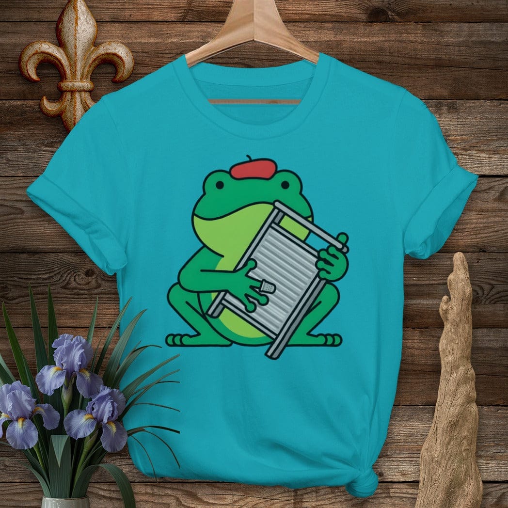 S / Tropical Blue Louisiana Frog Playing Frottoir T-Shirt by Laissez Faire Wear