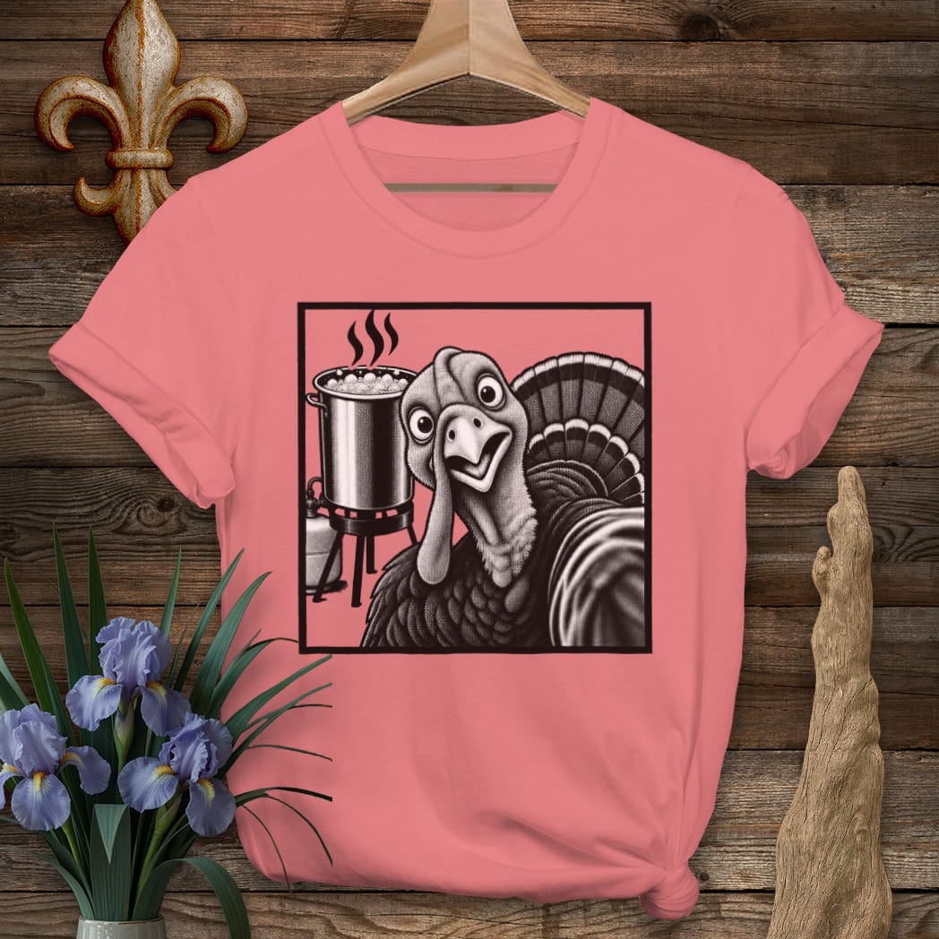 S / Coral Silk Louisiana Fryer Selfie T-Shirt by Laissez Faire Wear