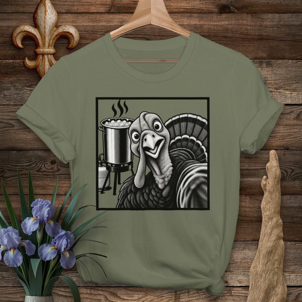 S / Military Green Louisiana Fryer Selfie T-Shirt by Laissez Faire Wear