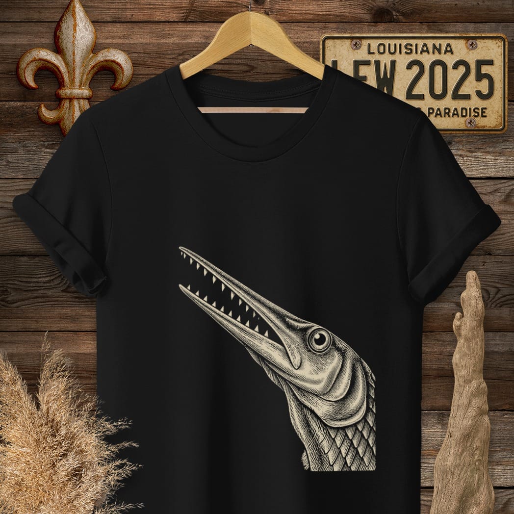 S / Black Louisiana Garfish Portrait T-Shirt by Laissez Faire Wear