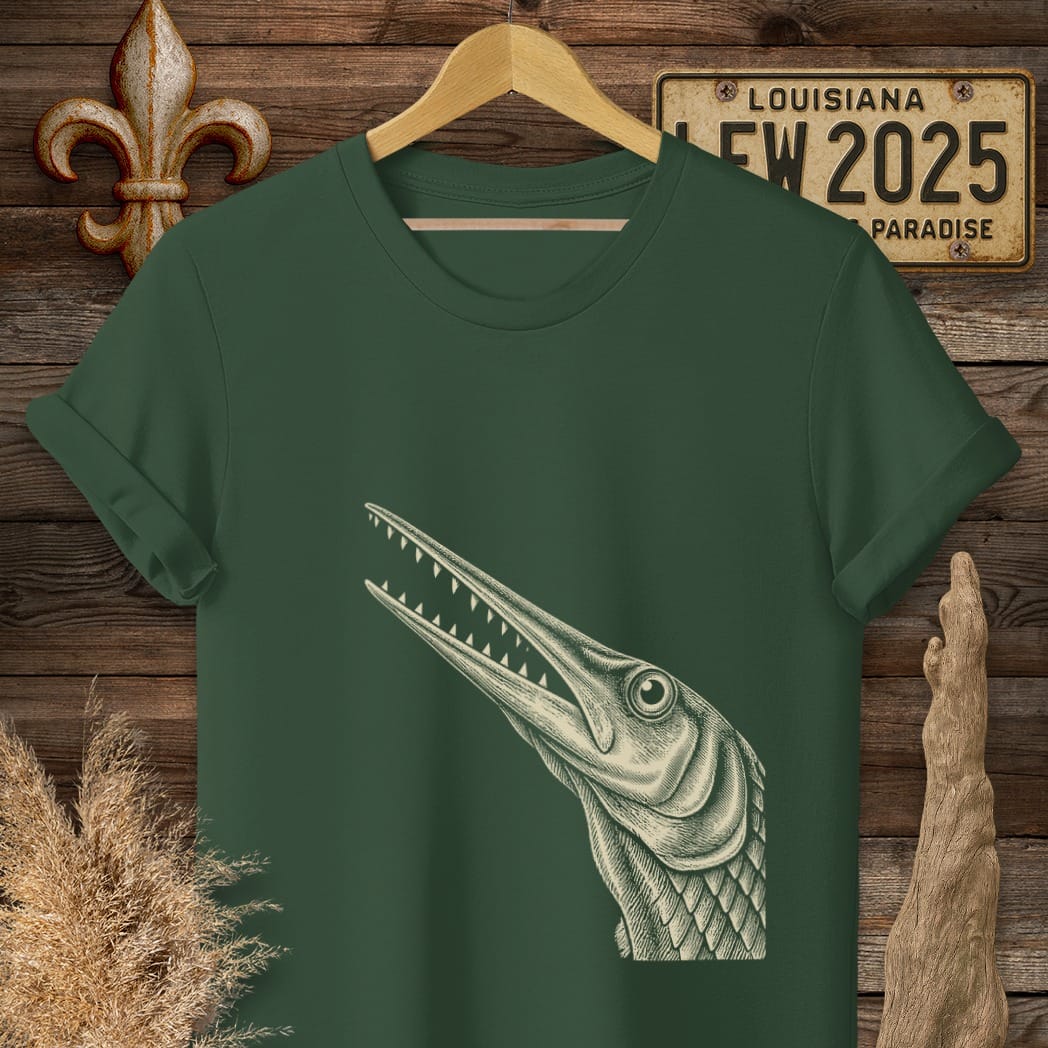 S / Forest Green Louisiana Garfish Portrait T-Shirt by Laissez Faire Wear