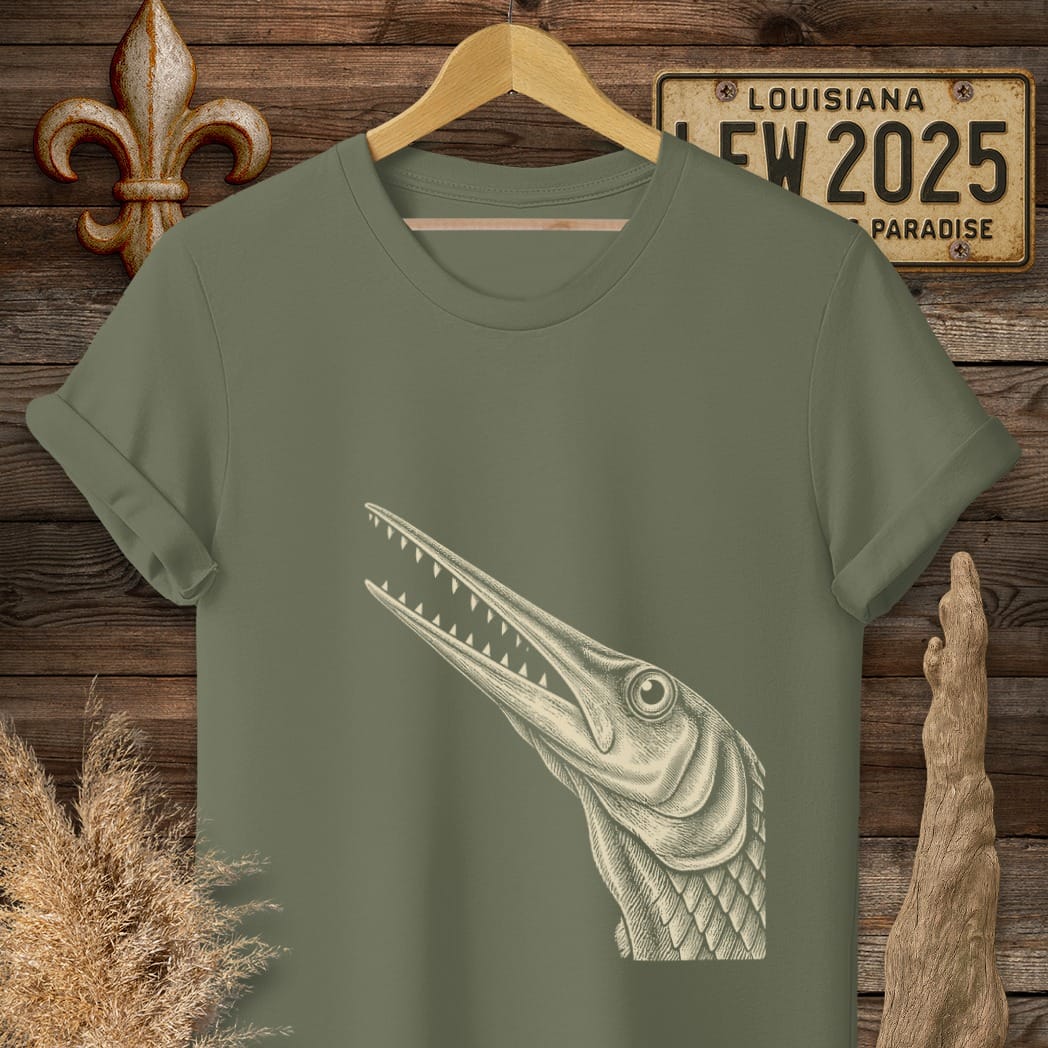 S / Military Green Louisiana Garfish Portrait T-Shirt by Laissez Faire Wear