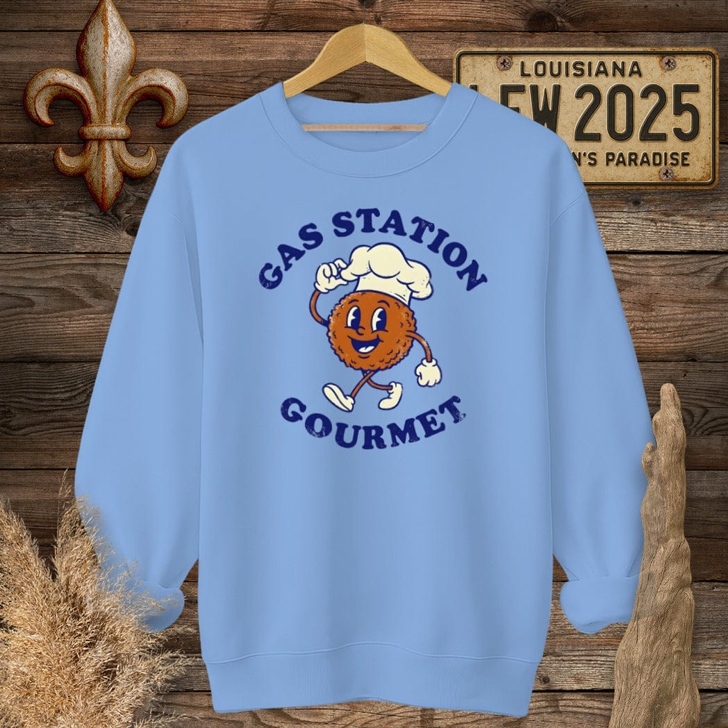 S / Carolina Blue Louisiana Gas Station Gourmet Sweatshirt by Laissez Faire Wear
