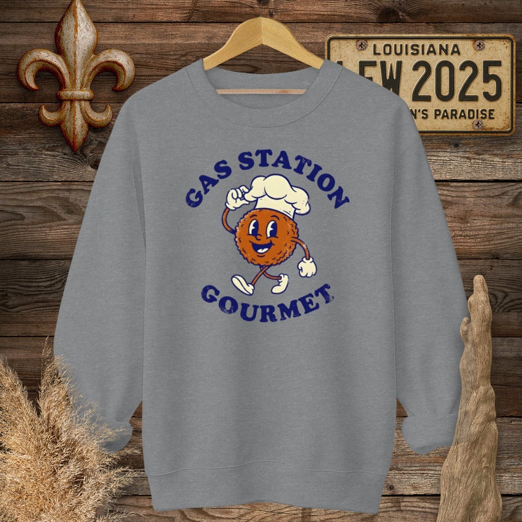 S / Graphite Heather Louisiana Gas Station Gourmet Sweatshirt by Laissez Faire Wear