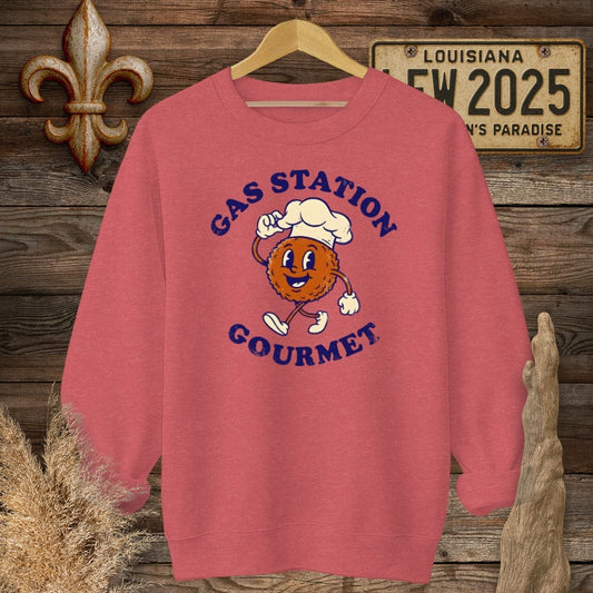 S / Heather Scarlet Red Louisiana Gas Station Gourmet Sweatshirt by Laissez Faire Wear