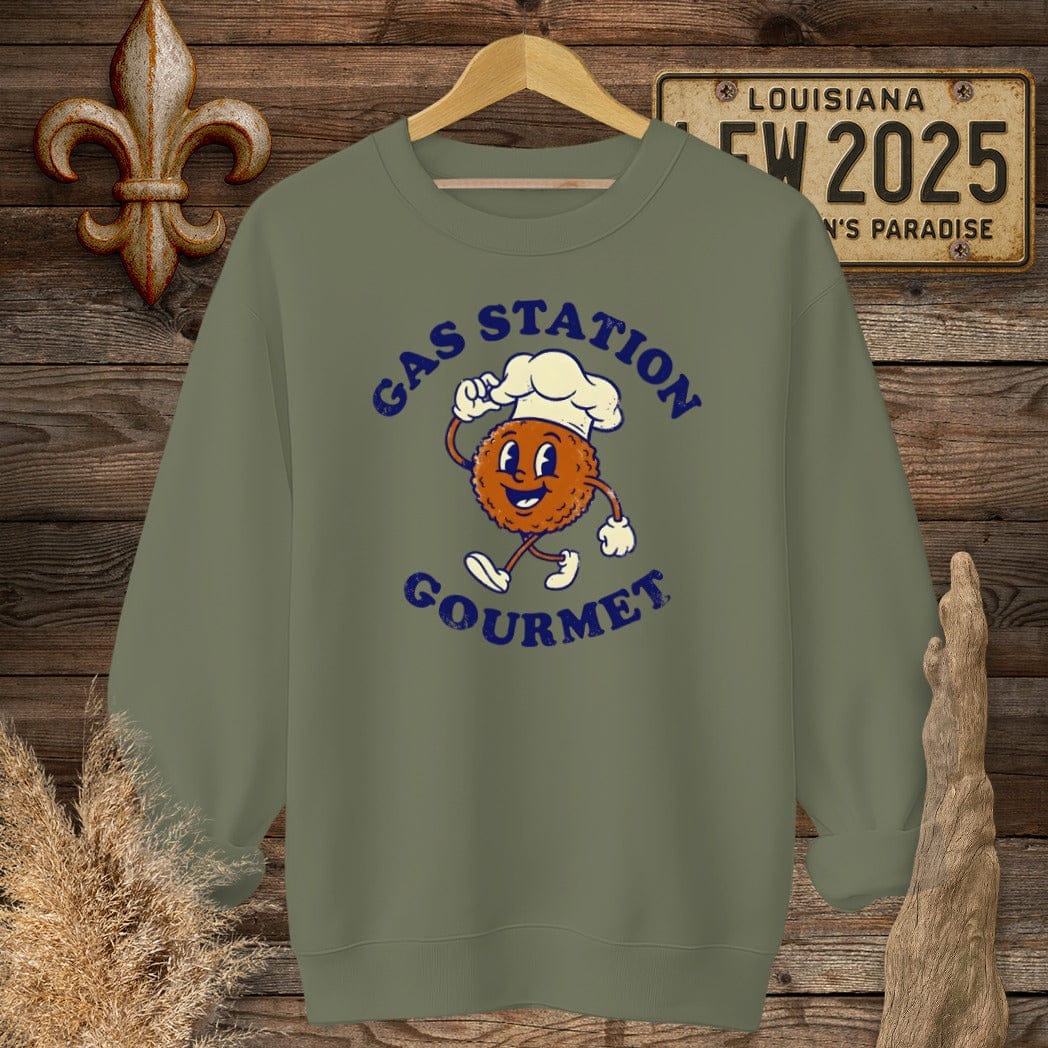 S / Military Green Louisiana Gas Station Gourmet Sweatshirt by Laissez Faire Wear
