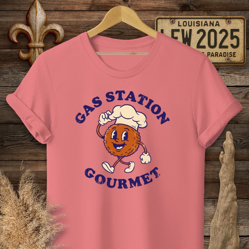 S / Coral Silk Louisiana Gas Station Gourmet T-Shirt by Laissez Faire Wear
