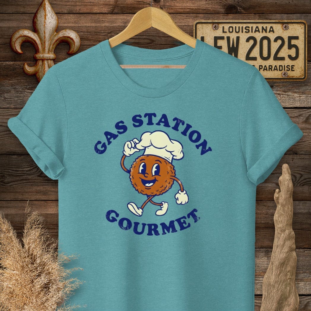 S / Heather Galapagos Blue Louisiana Gas Station Gourmet T-Shirt by Laissez Faire Wear