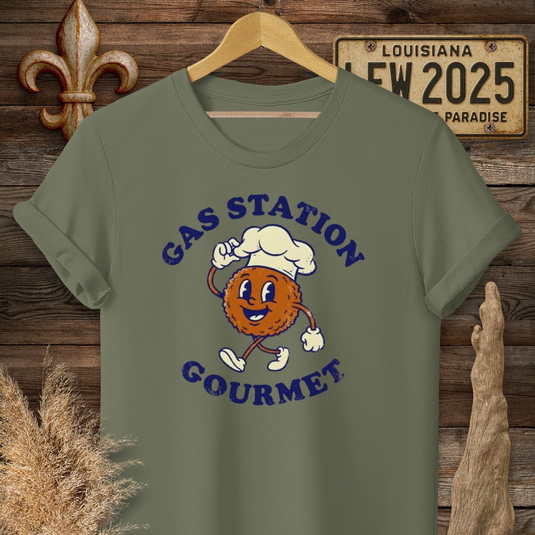 S / Military Green Louisiana Gas Station Gourmet T-Shirt by Laissez Faire Wear