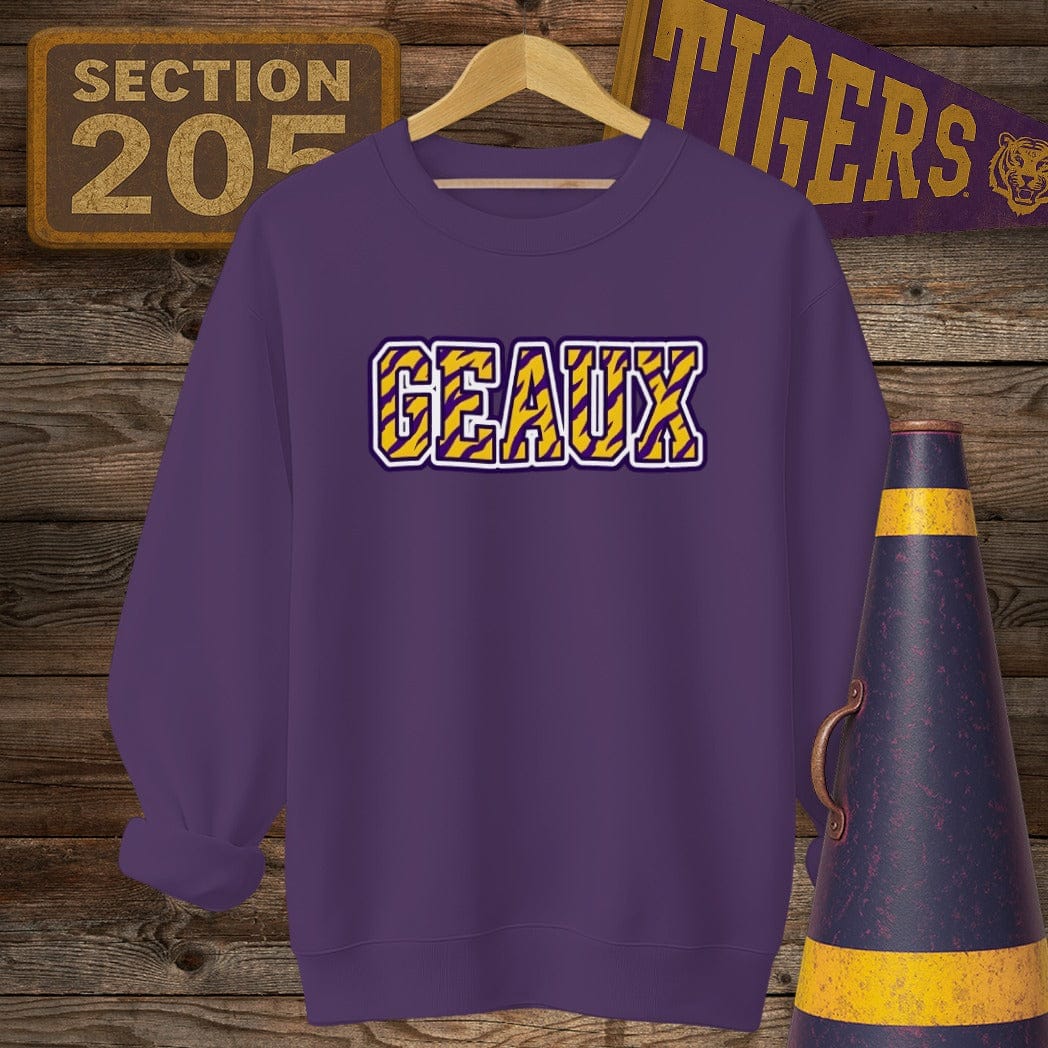 S / Purple Louisiana Geaux Tiger Stripes Sweatshirt by Laissez Faire Wear