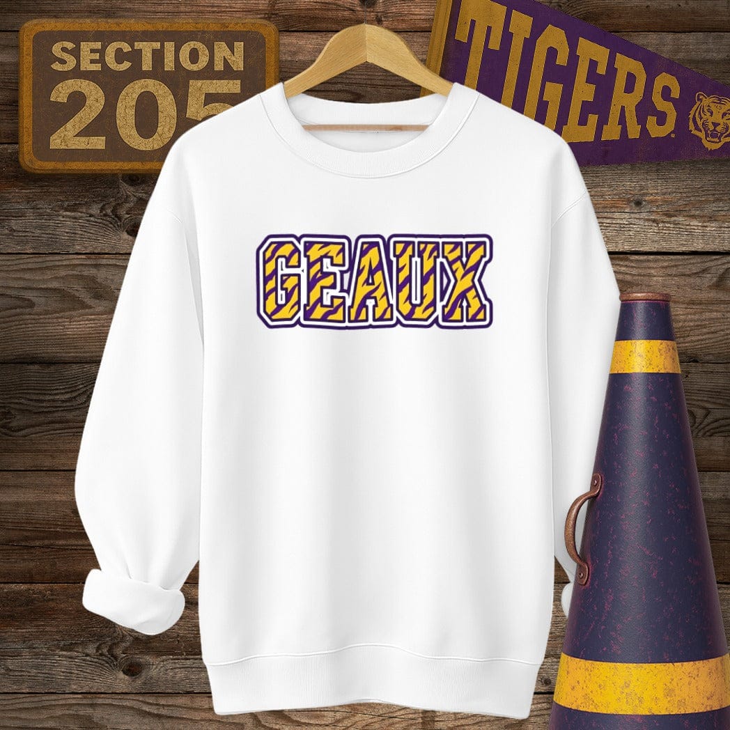 S / White Louisiana Geaux Tiger Stripes Sweatshirt by Laissez Faire Wear