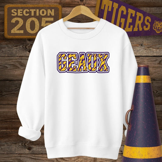 S / White Louisiana Geaux Tiger Stripes Sweatshirt by Laissez Faire Wear