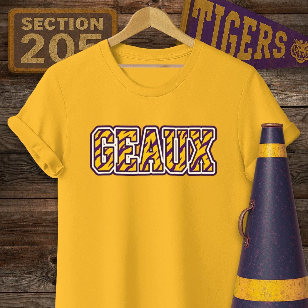 S / Gold Louisiana Geaux Tiger Stripes T-Shirt by Laissez Faire Wear