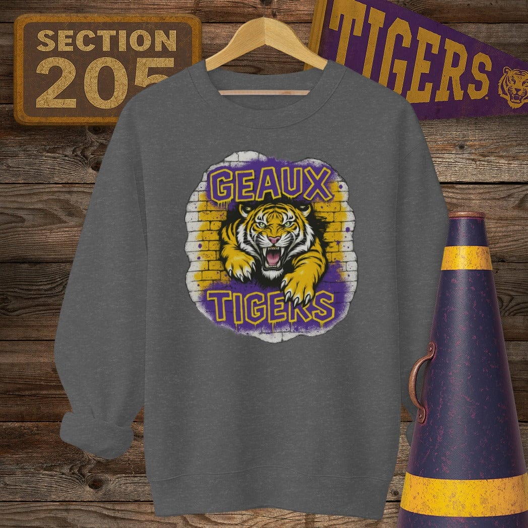 S / Dark Heather Louisiana Geaux Tigers Graffiti Style Game Day Sweatshirt by Laissez Faire Wear