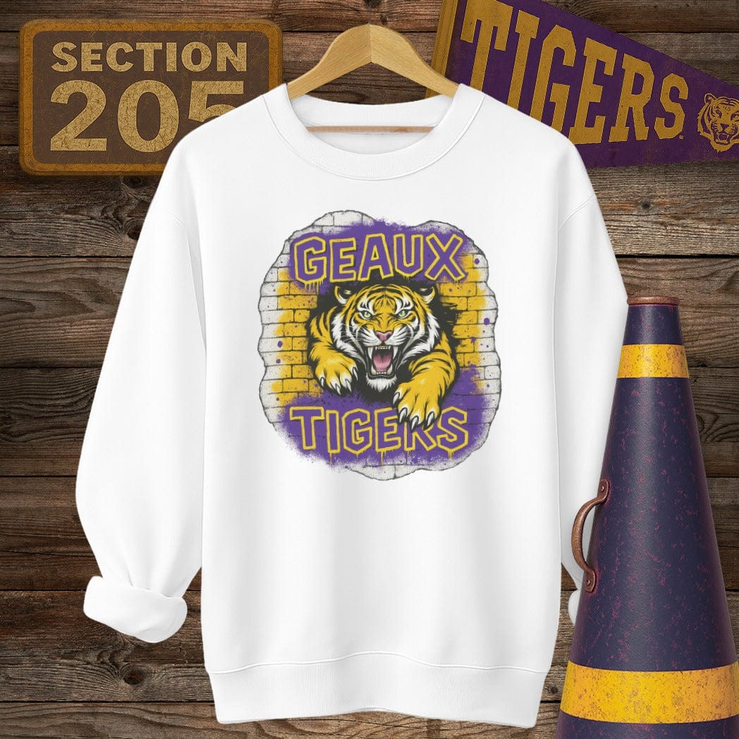 S / White Louisiana Geaux Tigers Graffiti Style Game Day Sweatshirt by Laissez Faire Wear