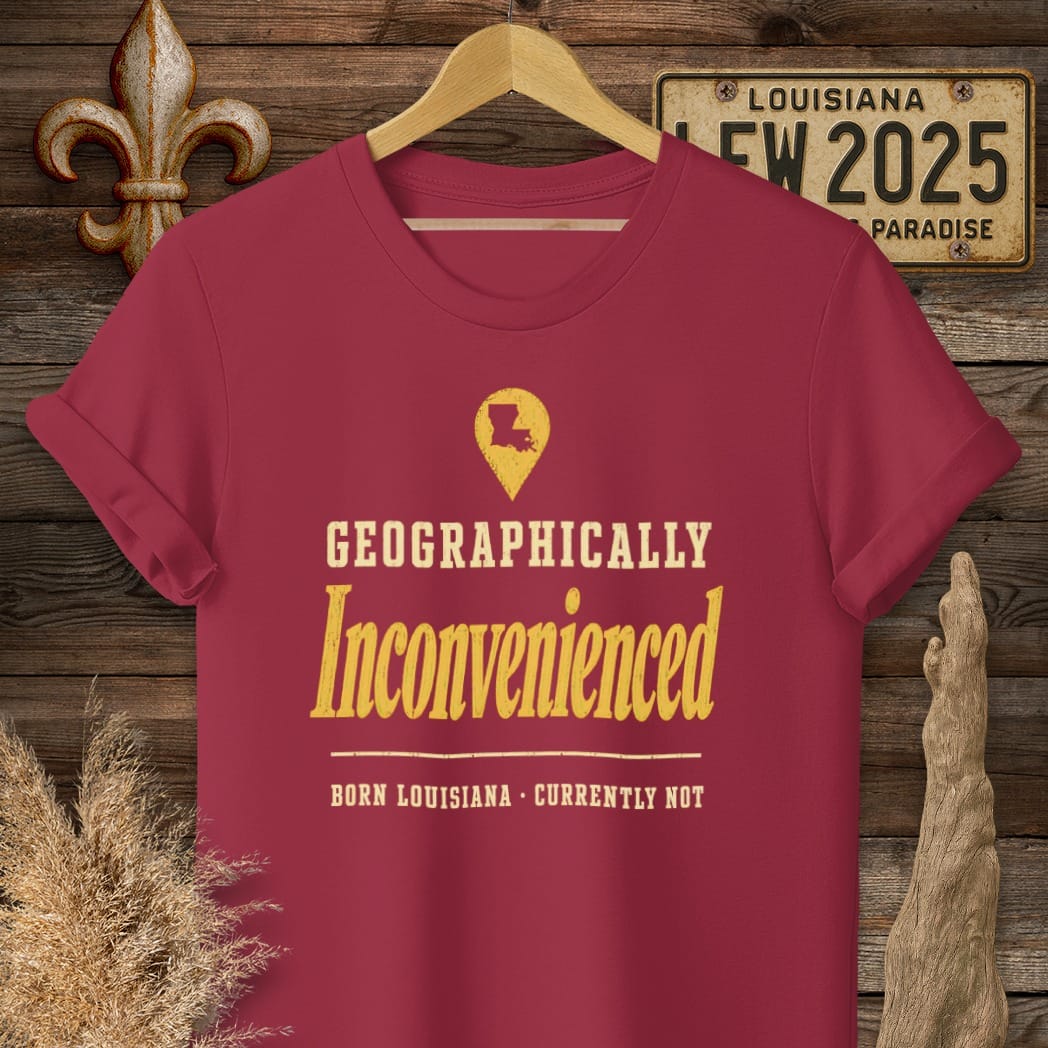 S / Cardinal Red Louisiana Geographically Inconvenienced T-Shirt by Laissez Faire Wear