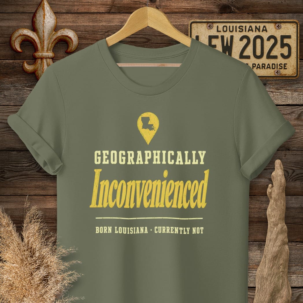 S / Military Green Louisiana Geographically Inconvenienced T-Shirt by Laissez Faire Wear