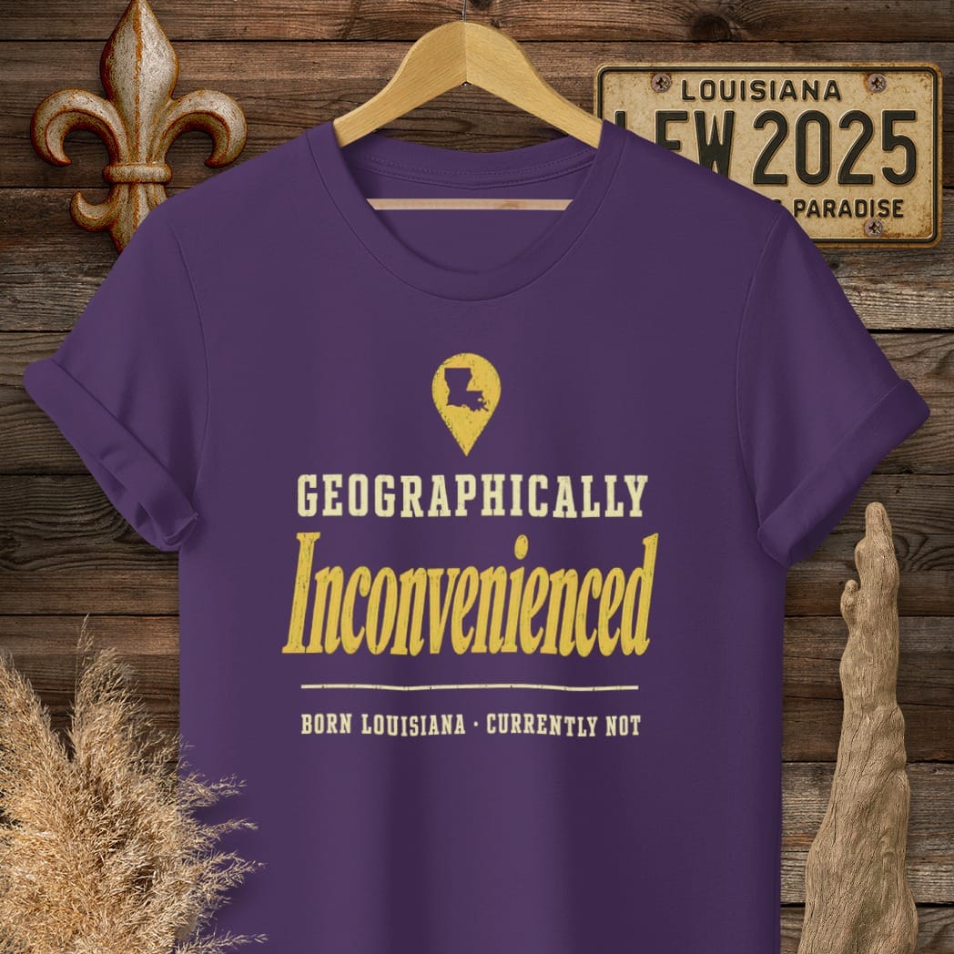 S / Purple Louisiana Geographically Inconvenienced T-Shirt by Laissez Faire Wear