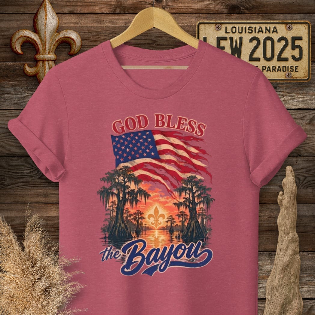 S / Heather Cardinal Louisiana God Bless The Bayou T-Shirt by Laissez Faire Wear