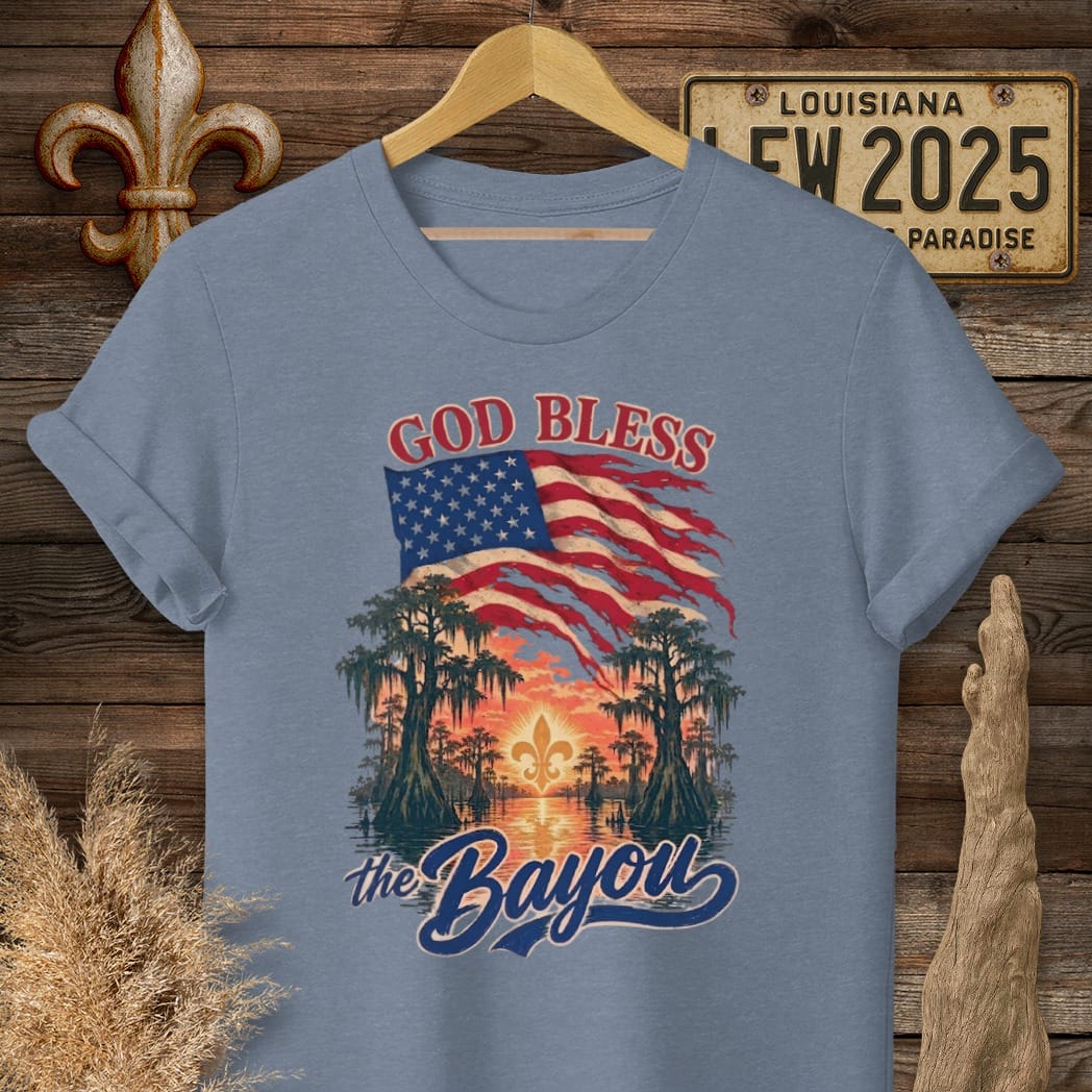 S / Heather Indigo Louisiana God Bless The Bayou T-Shirt by Laissez Faire Wear