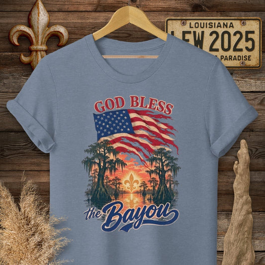 S / Heather Indigo Louisiana God Bless The Bayou T-Shirt by Laissez Faire Wear