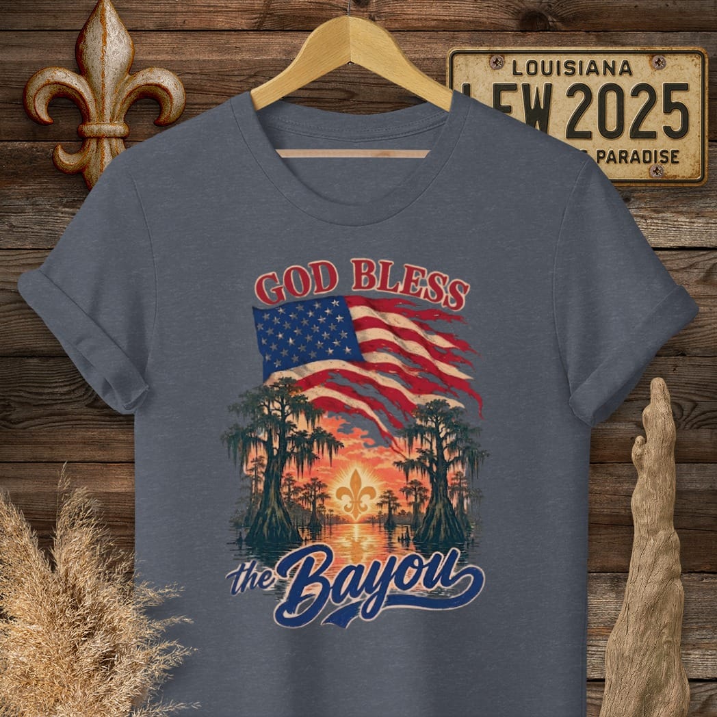 S / Heather Navy Louisiana God Bless The Bayou T-Shirt by Laissez Faire Wear