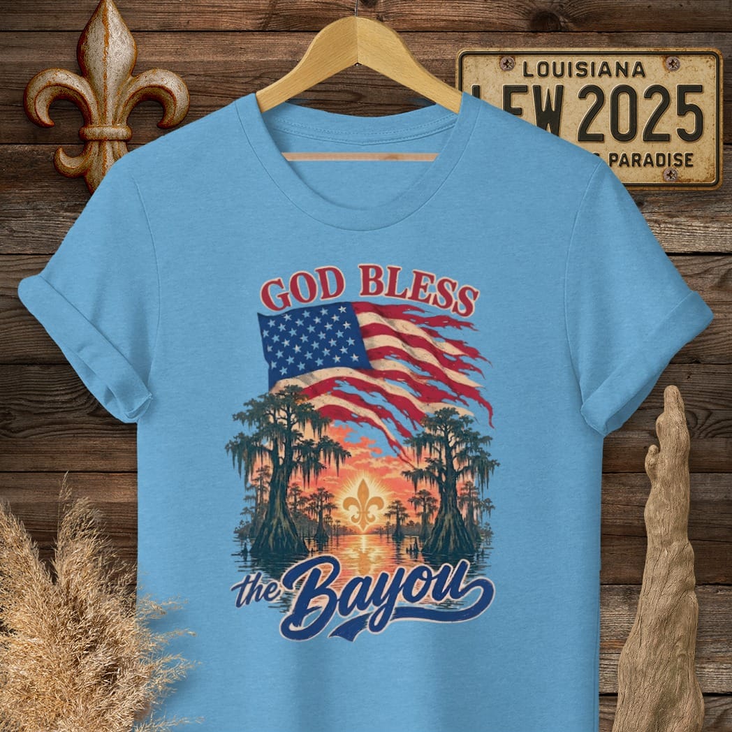 S / Heather Sapphire Louisiana God Bless The Bayou T-Shirt by Laissez Faire Wear