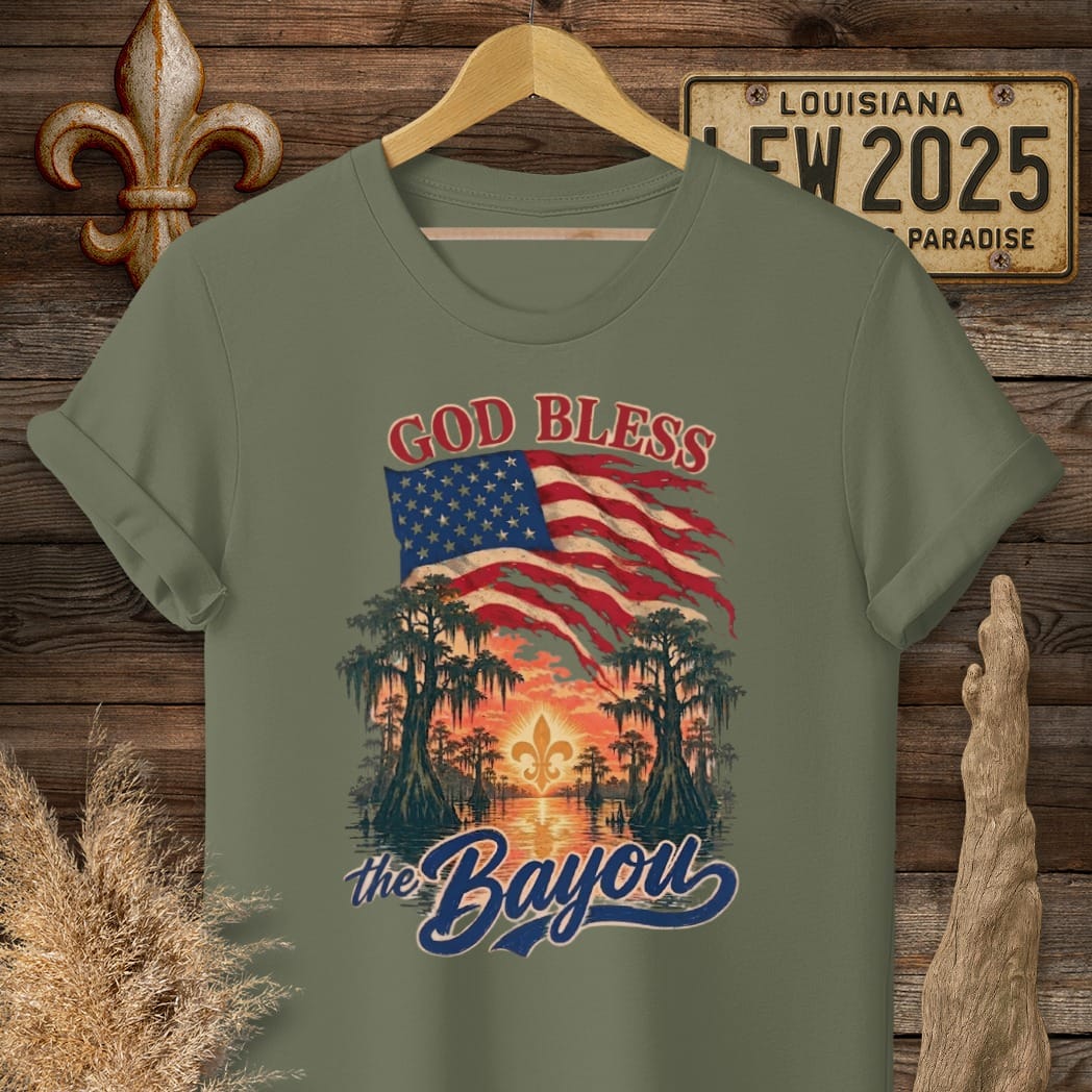 S / Military Green Louisiana God Bless The Bayou T-Shirt by Laissez Faire Wear