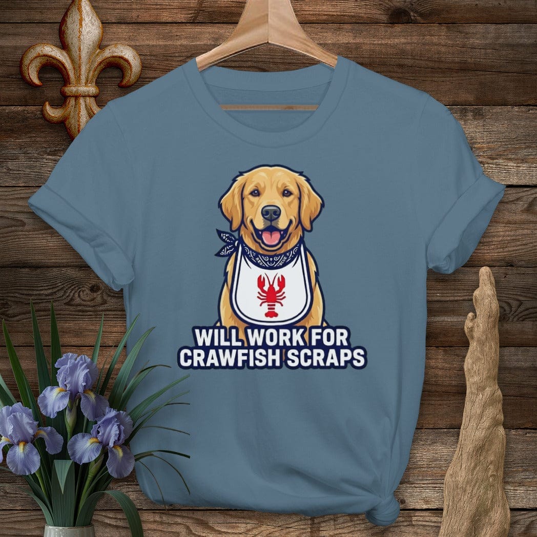 S / Indigo Blue Louisiana Golden Retriever Crawfish Scraps T-Shirt by Laissez Faire Wear