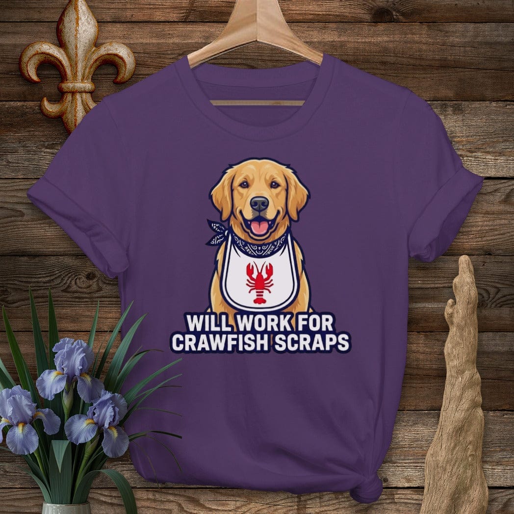 S / Purple Louisiana Golden Retriever Crawfish Scraps T-Shirt by Laissez Faire Wear