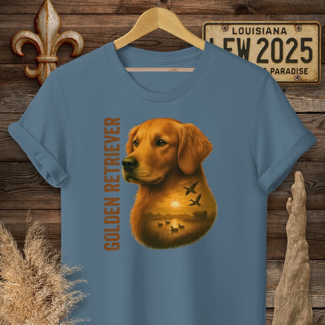 S / Indigo Blue Louisiana Golden Retriever Hunting Dog T-Shirt by Laissez Faire Wear