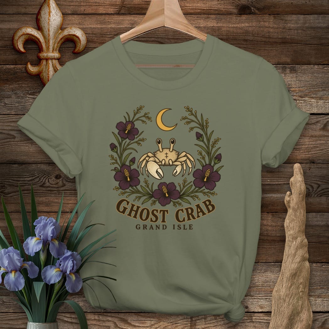 S / Military Green Louisiana Grand Isle Crab T-Shirt by Laissez Faire Wear