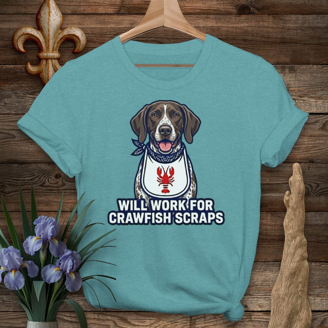 S / Heather Galapagos Blue Louisiana GSP Crawfish Scraps T-Shirt by Laissez Faire Wear
