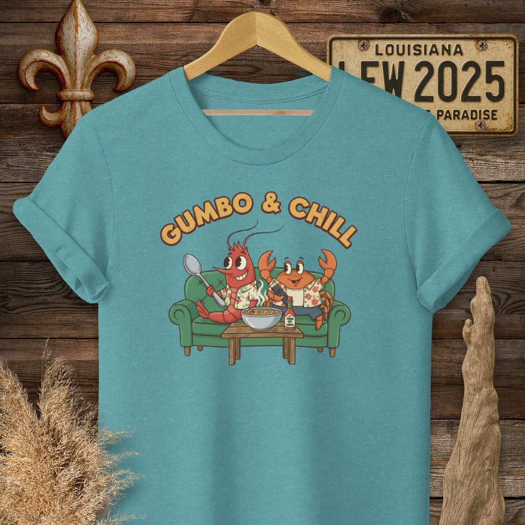 S / Heather Galapagos Blue Louisiana Gumbo & Chill T-Shirt by Laissez Faire Wear