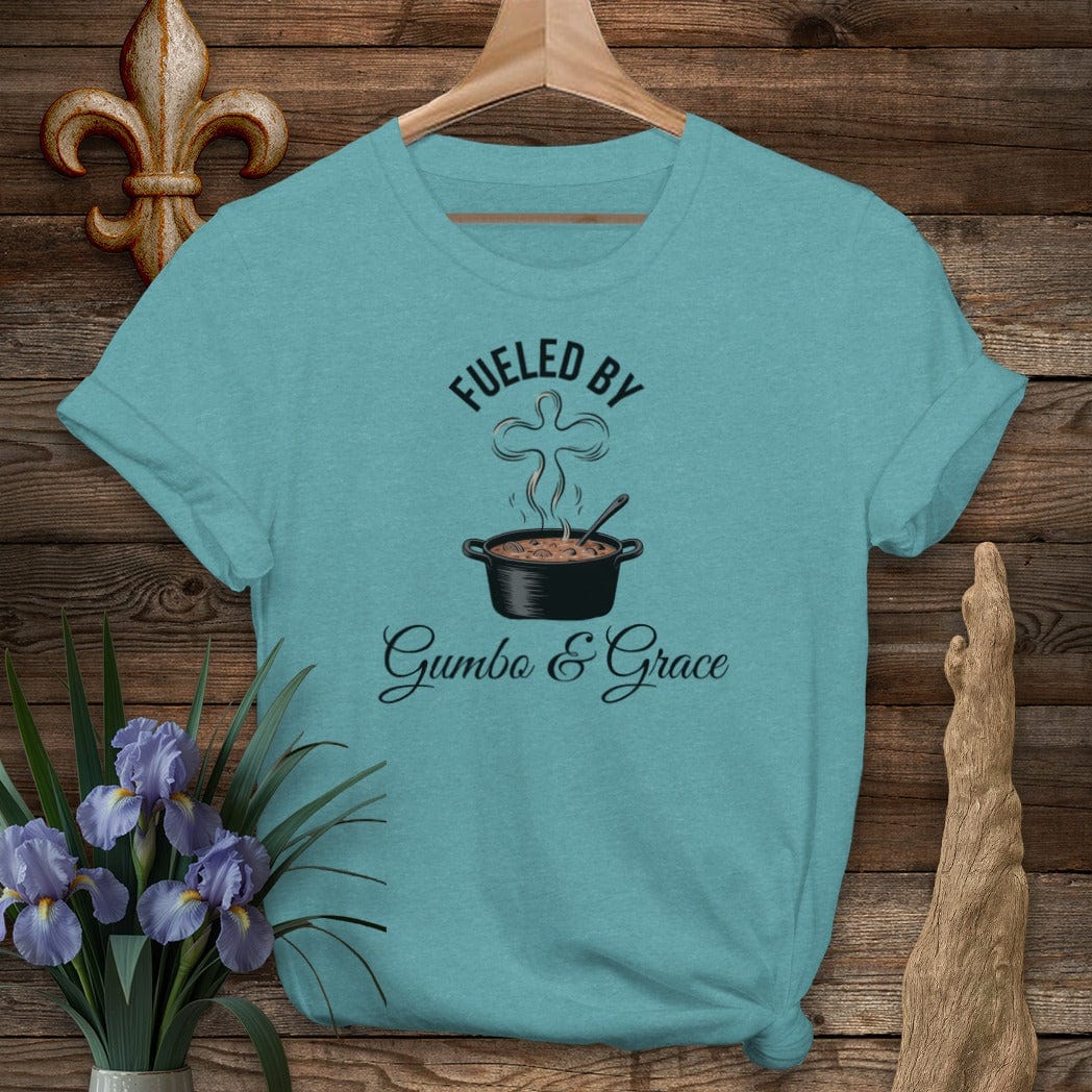 S / Heather Galapagos Blue Louisiana Gumbo & Grace T-Shirt by Laissez Faire Wear