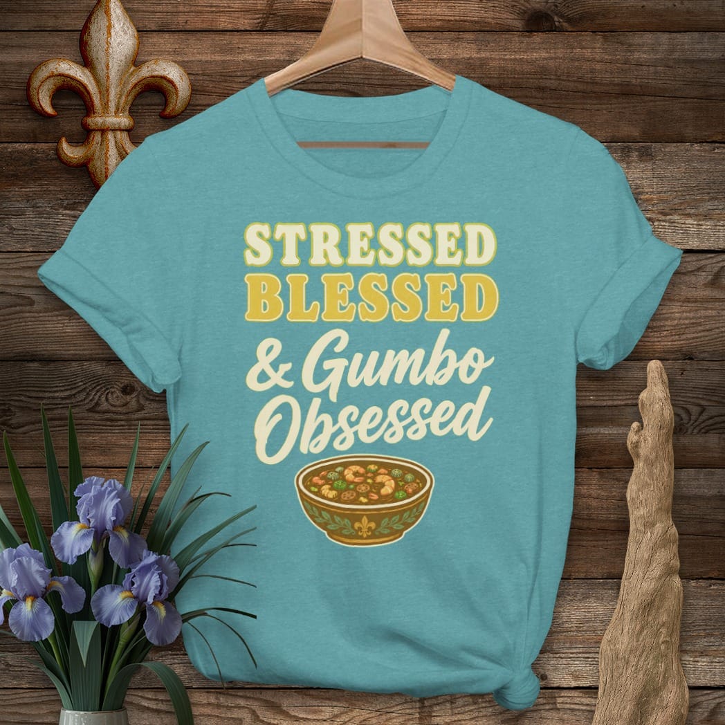 S / Heather Galapagos Blue Louisiana Gumbo Obsessed T-Shirt by Laissez Faire Wear