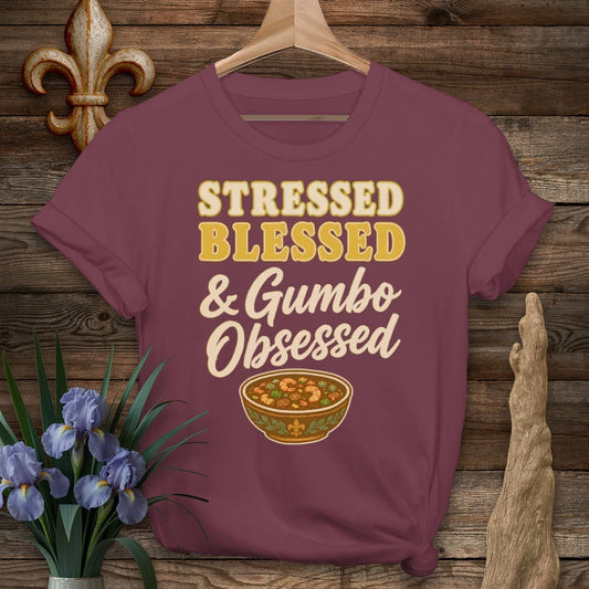 S / Maroon Louisiana Gumbo Obsessed T-Shirt by Laissez Faire Wear