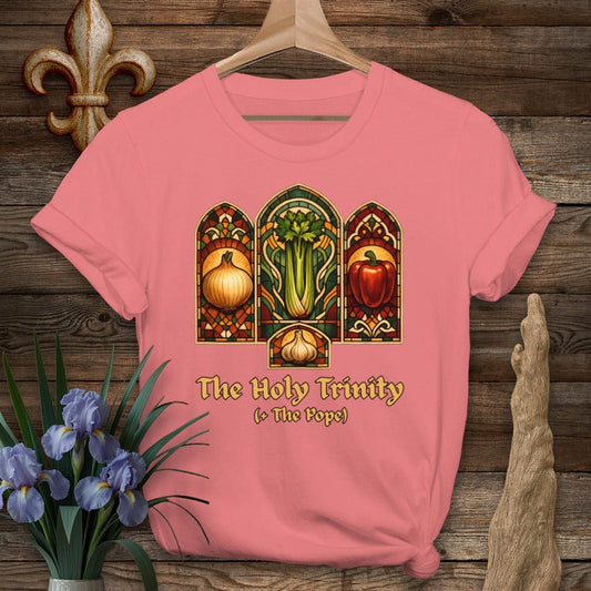 S / Coral Silk Louisiana Holy Trinity Stained Glass T-Shirt by Laissez Faire Wear