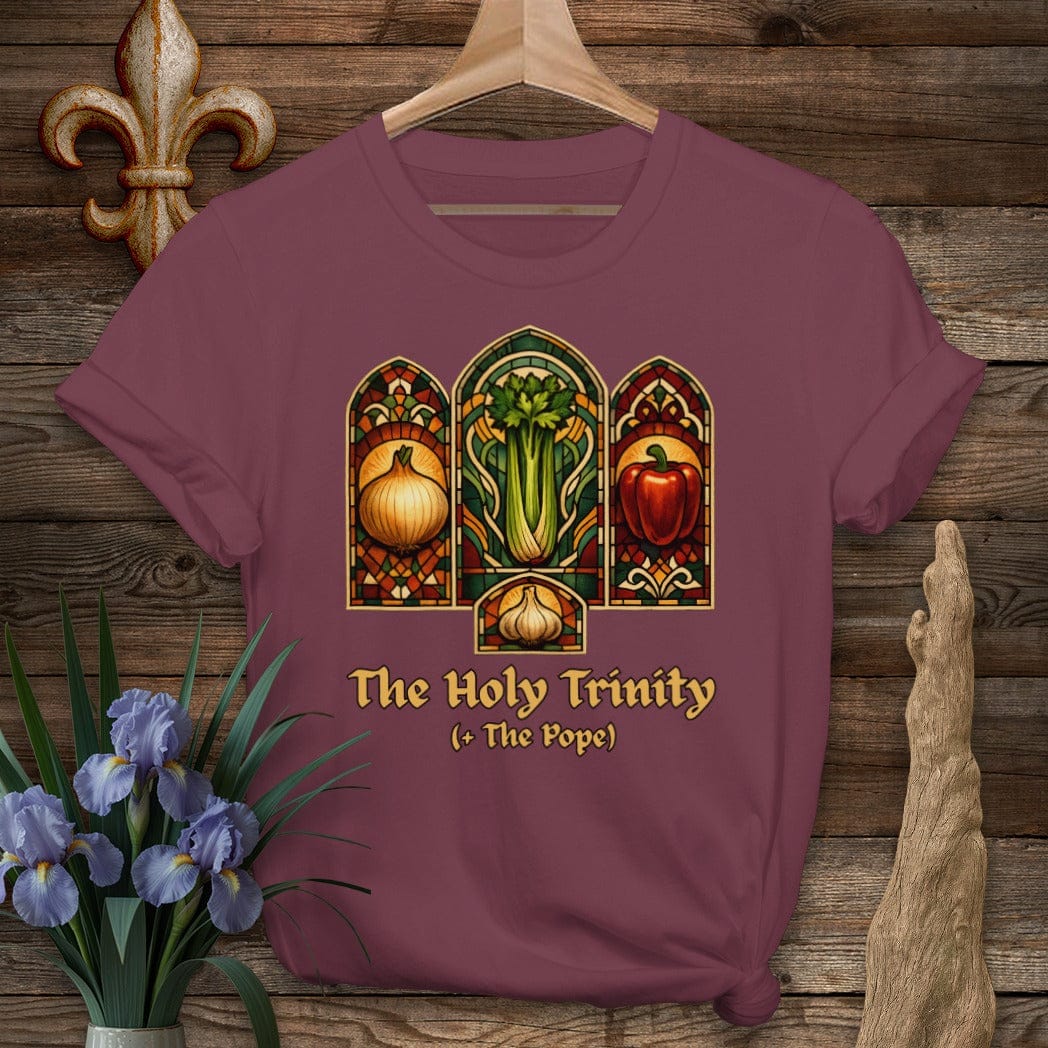 S / Maroon Louisiana Holy Trinity Stained Glass T-Shirt by Laissez Faire Wear