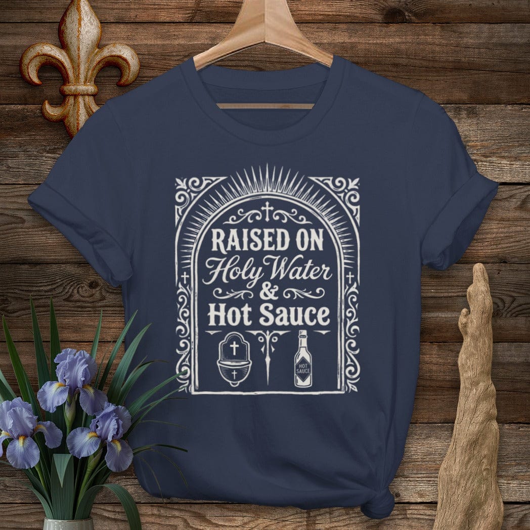 S / Navy Louisiana Holy Water & Hot Sauce T-Shirt by Laissez Faire Wear