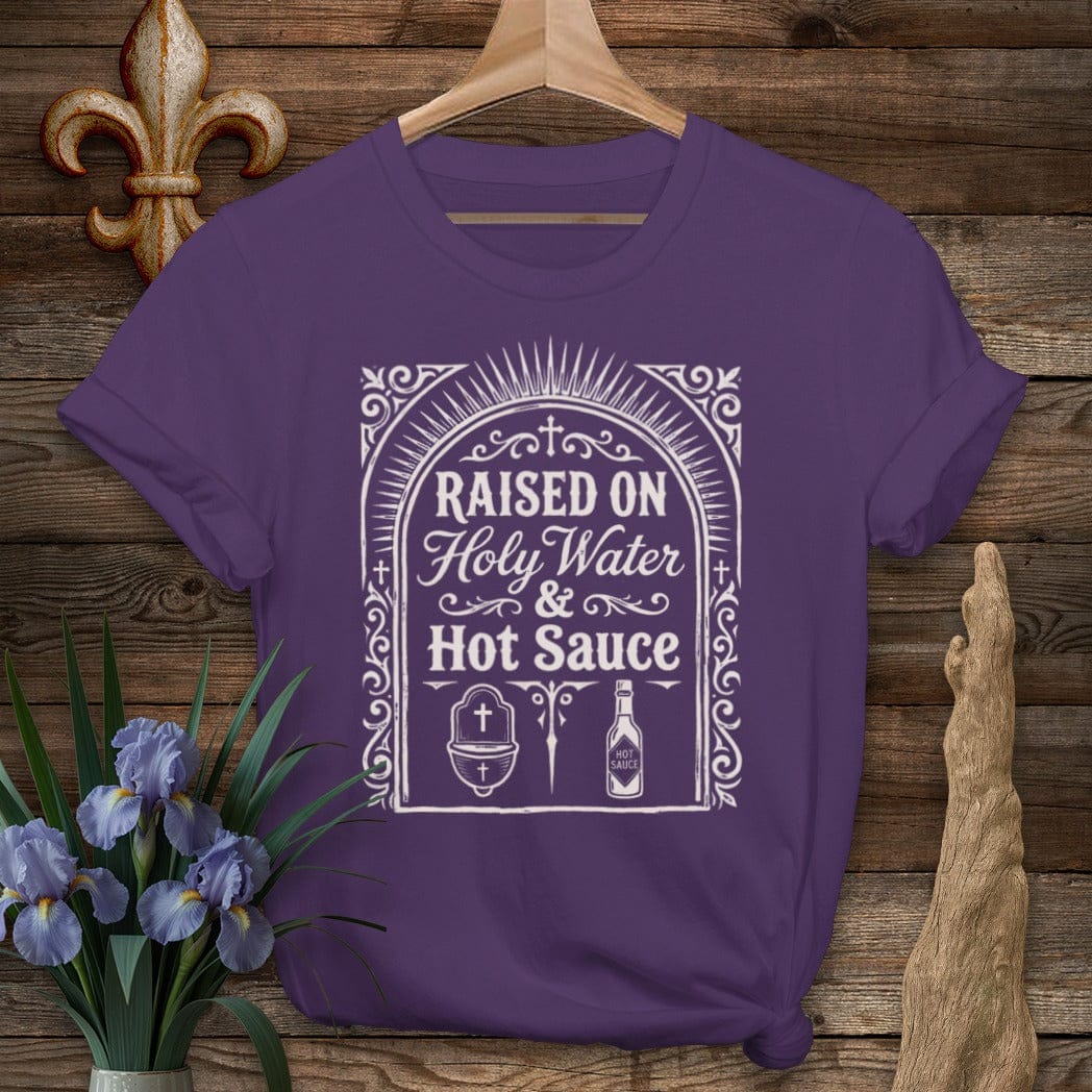 S / Purple Louisiana Holy Water & Hot Sauce T-Shirt by Laissez Faire Wear