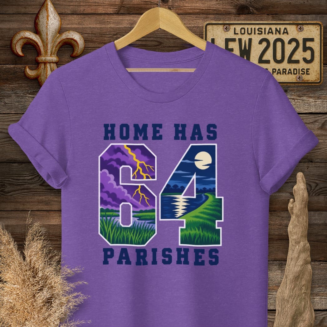 S / Heather Purple Louisiana Home Has 64 T-Shirt by Laissez Faire Wear