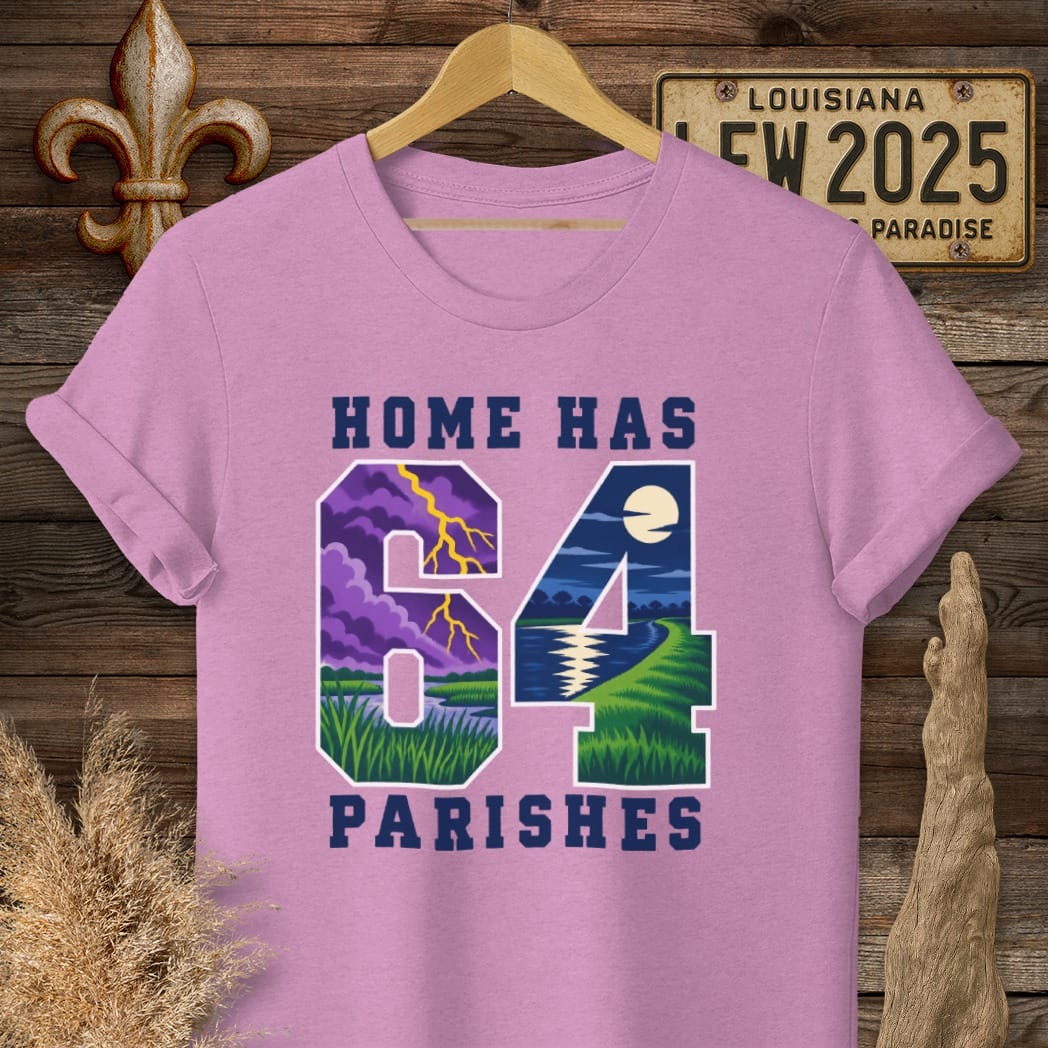 S / Heather Radiant Orchid Louisiana Home Has 64 T-Shirt by Laissez Faire Wear