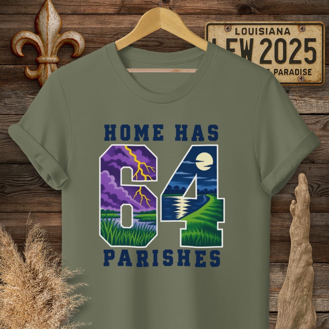 S / Military Green Louisiana Home Has 64 T-Shirt by Laissez Faire Wear